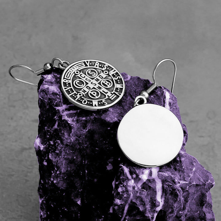 Classic Style St. Benedict Engraved Emblem Divine Protection Earrings VIP