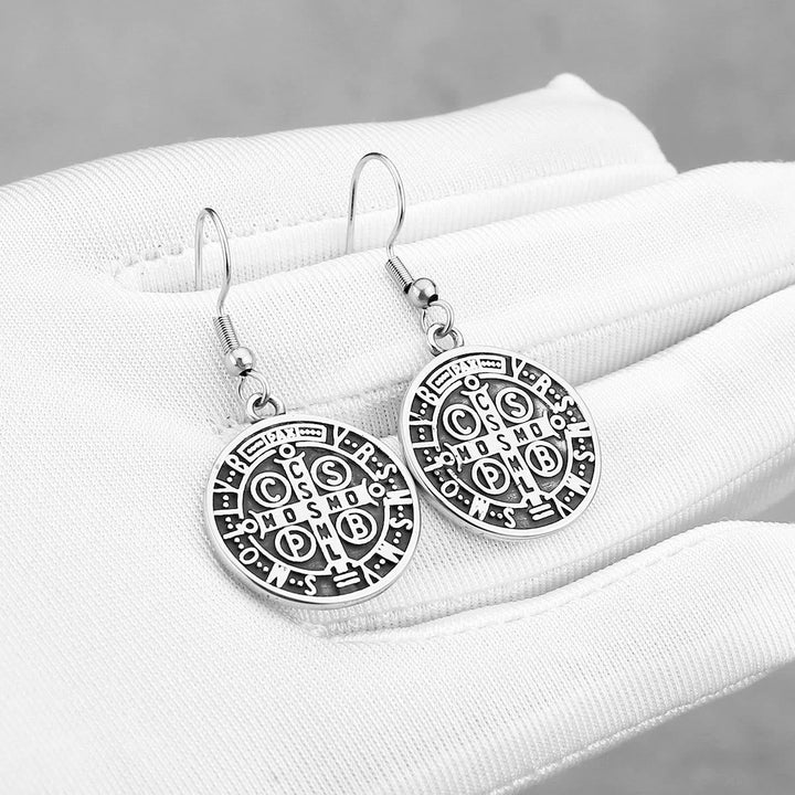 Classic Style St. Benedict Engraved Emblem Divine Protection Earrings VIP