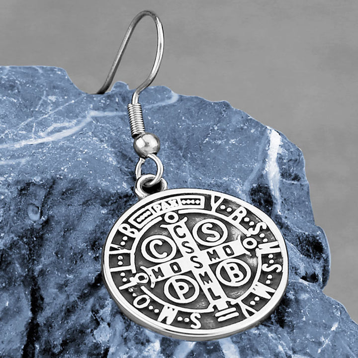 Classic Style St. Benedict Engraved Emblem Divine Protection Earrings VIP