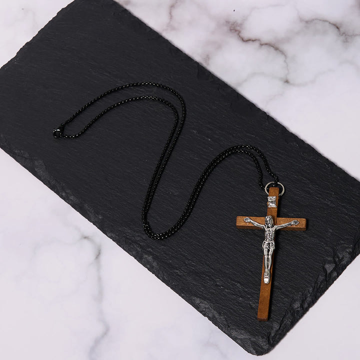 Classic Style Wooden Craft Alloy Crucifix Faith Pendant Necklace