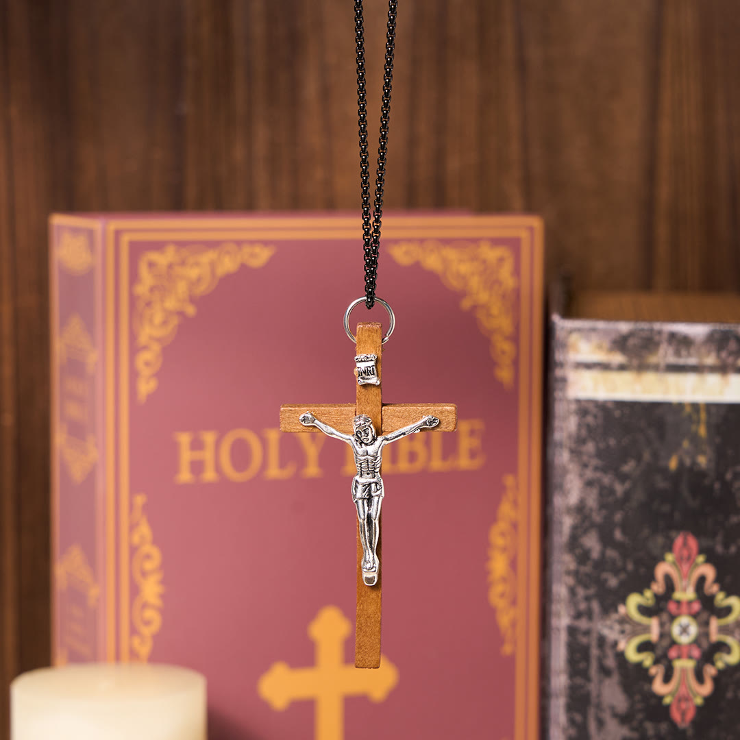 Classic Style Wooden Craft Alloy Crucifix Faith Pendant Necklace