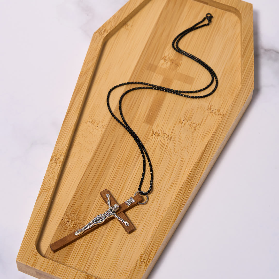 Classic Style Wooden Craft Alloy Crucifix Faith Pendant Necklace