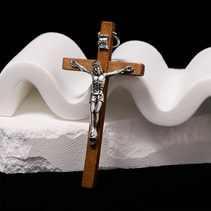 Classic Style Wooden Craft Alloy Crucifix Faith Pendant Necklace