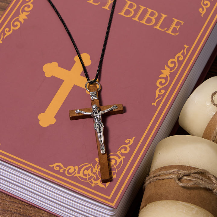 Classic Style Wooden Craft Alloy Crucifix Faith Pendant Necklace