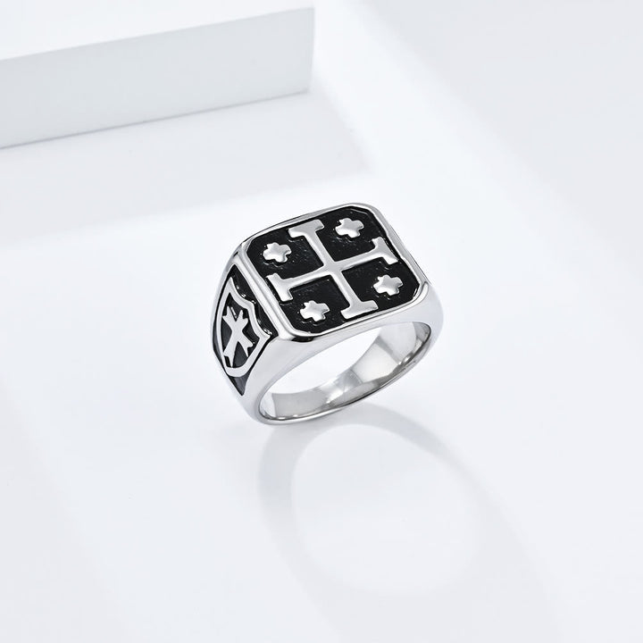 Classic Style Jerusalem Cross Shield Signet Devine Faith Ring