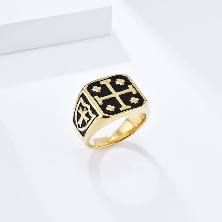 Classic Style Jerusalem Cross Shield Signet Devine Faith Ring