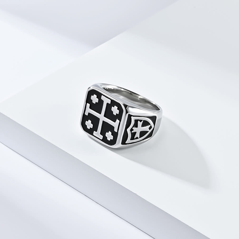 Classic Style Jerusalem Cross Shield Signet Devine Faith Ring