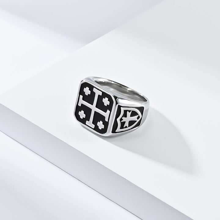Classic Style Jerusalem Cross Shield Signet Devine Faith Ring
