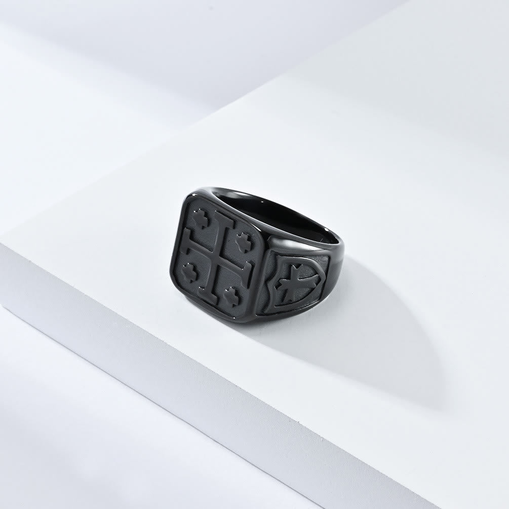 Classic Style Jerusalem Cross Shield Signet Devine Faith Ring