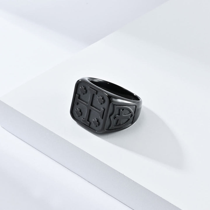 Classic Style Jerusalem Cross Shield Signet Devine Faith Ring