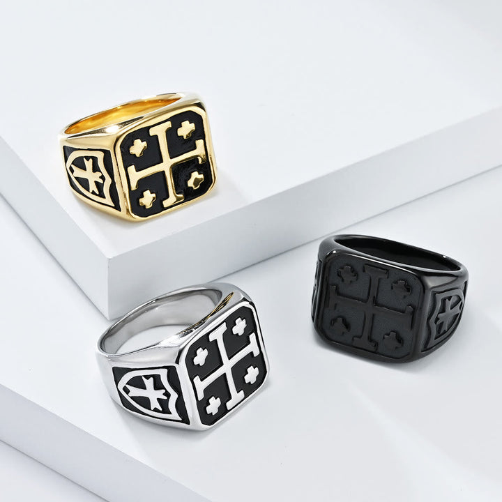 Classic Style Jerusalem Cross Shield Signet Devine Faith Ring