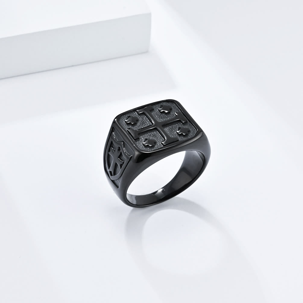 Classic Style Jerusalem Cross Shield Signet Devine Faith Ring