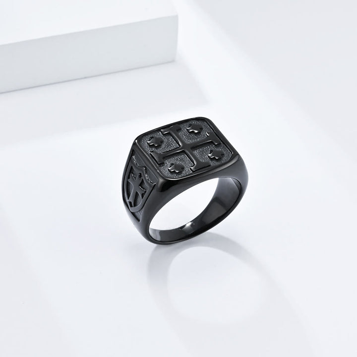 Classic Style Jerusalem Cross Shield Signet Devine Faith Ring