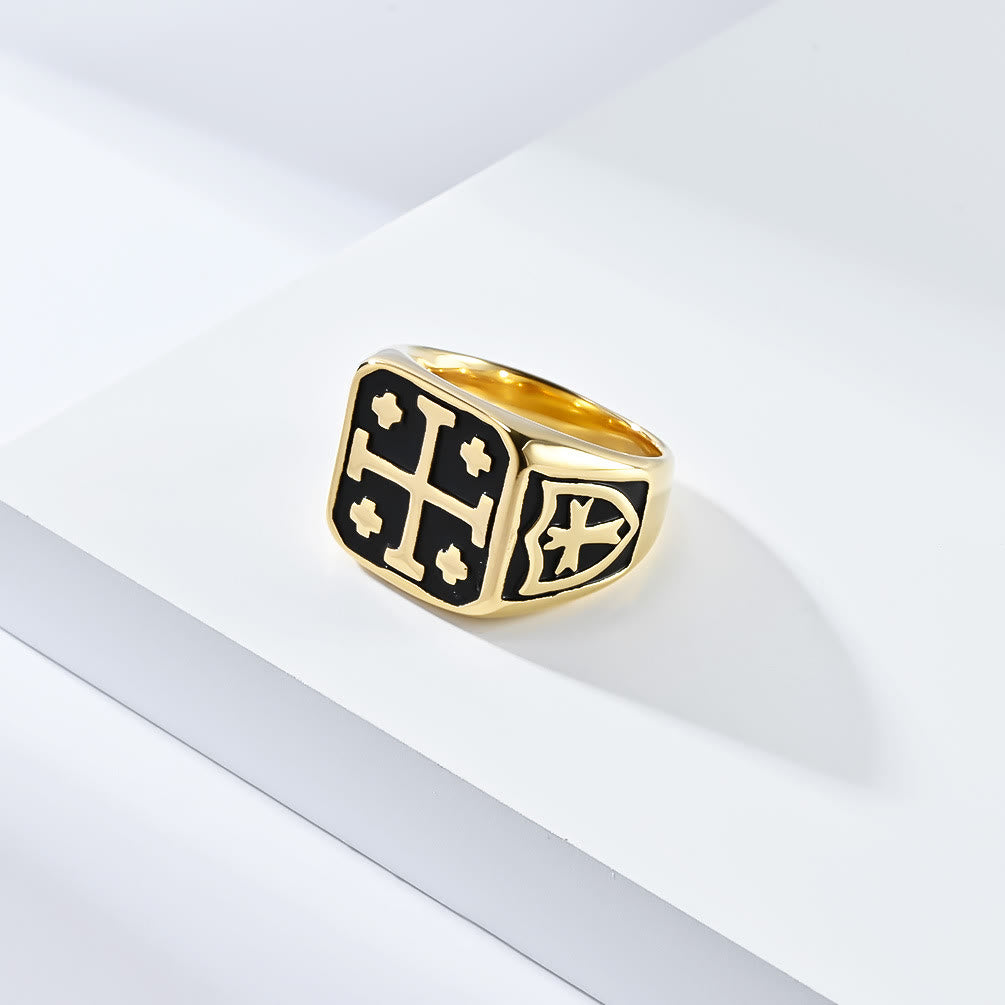 Classic Style Jerusalem Cross Shield Signet Devine Faith Ring