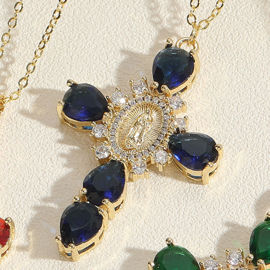 Modern Style Our Lady of Guadalupe Cross Zircon Pendants Necklace