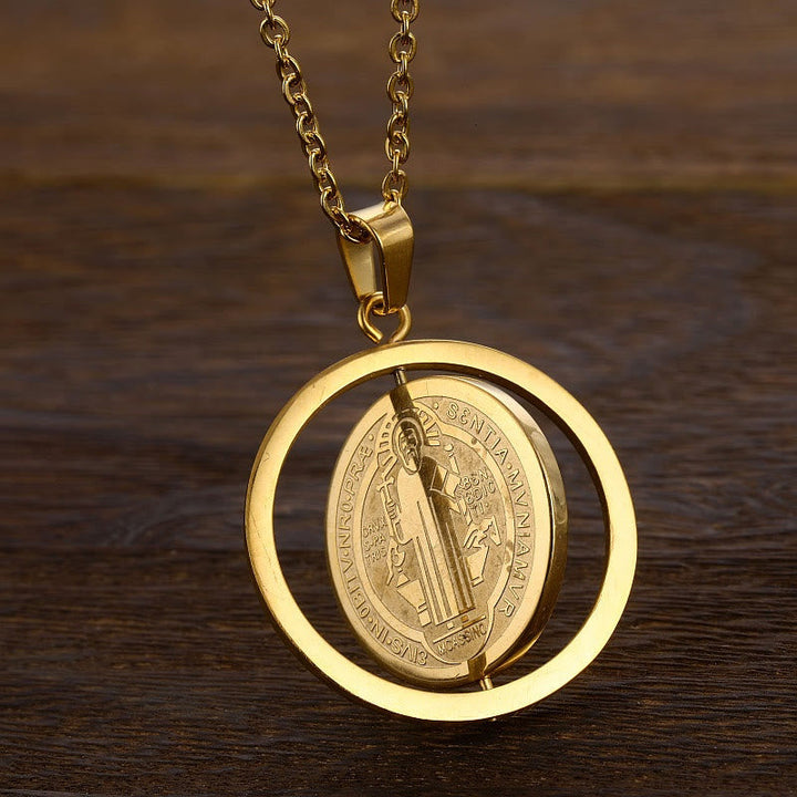 Classic Style Dual-Sided Rotatable St. Benedict Medal Pendant Necklace