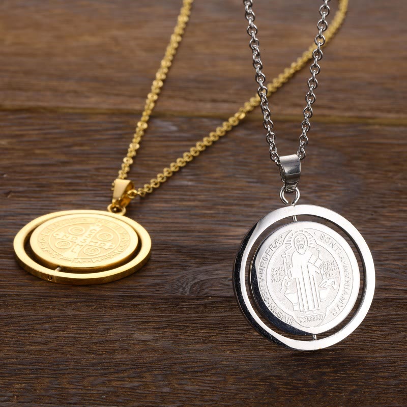 Classic Style Dual-Sided Rotatable St. Benedict Medal Pendant Necklace