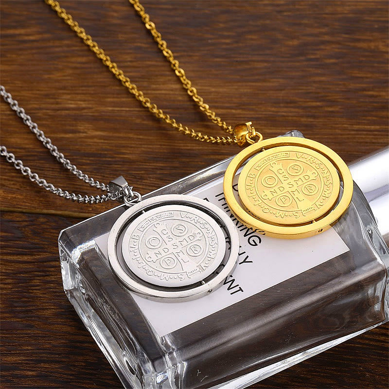 Classic Style Dual-Sided Rotatable St. Benedict Medal Pendant Necklace