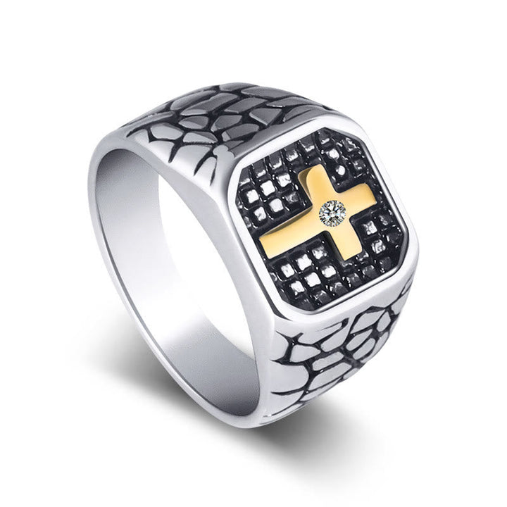 Classic Style Cracked Stone Pattern Cross Devine Faith Ring