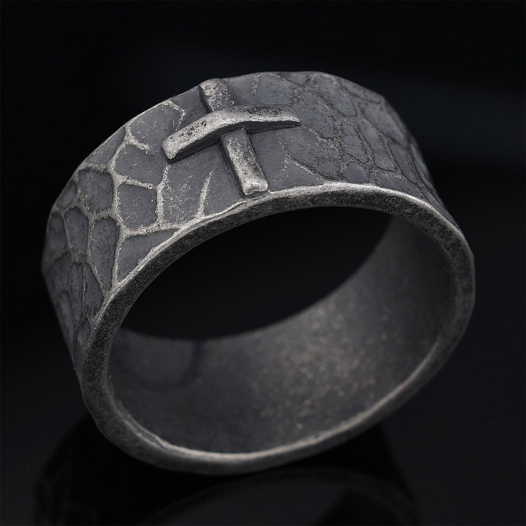 Vintage Style Ancient Texture Forged Stone Cross Ring