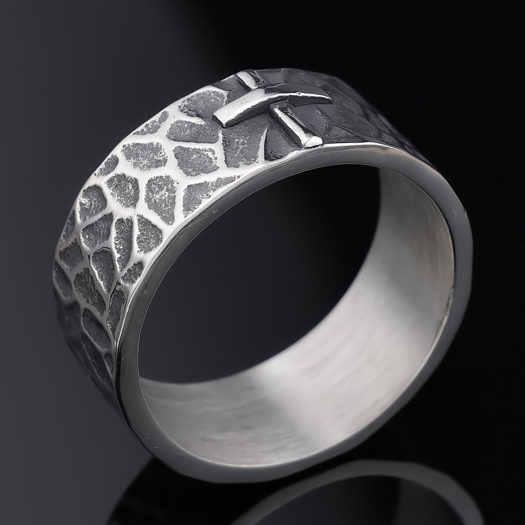 Vintage Style Ancient Texture Forged Stone Cross Ring