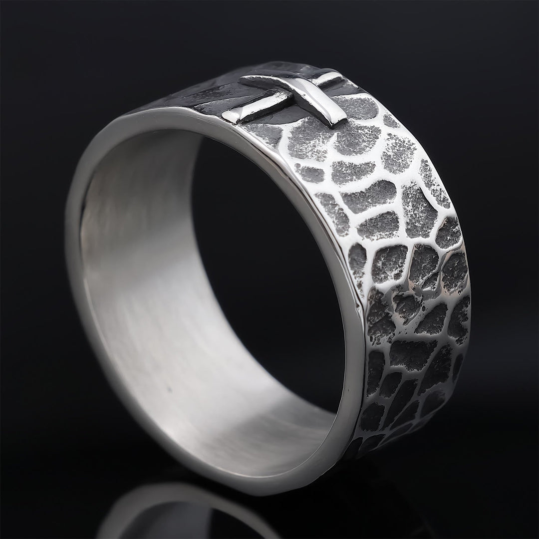 Vintage Style Ancient Texture Forged Stone Cross Ring