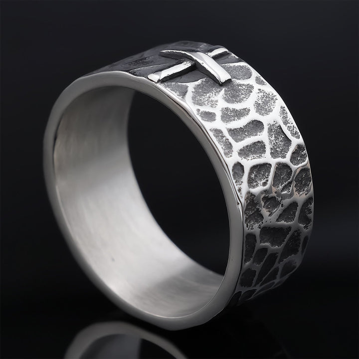Vintage Style Ancient Texture Forged Stone Cross Ring