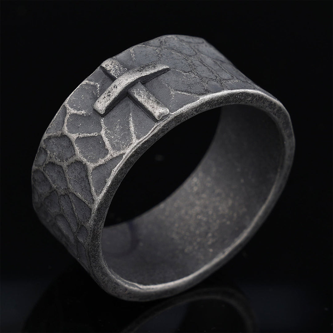 Vintage Style Ancient Texture Forged Stone Cross Ring