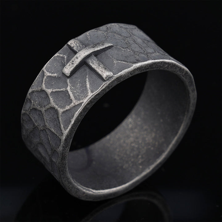 Vintage Style Ancient Texture Forged Stone Cross Ring