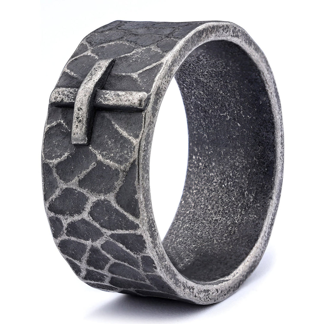Vintage Style Ancient Texture Forged Stone Cross Ring