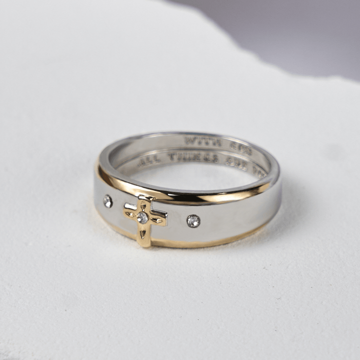 Modern Style Two-tone Gold Cross Alloy Ring(Made in Holy Land)