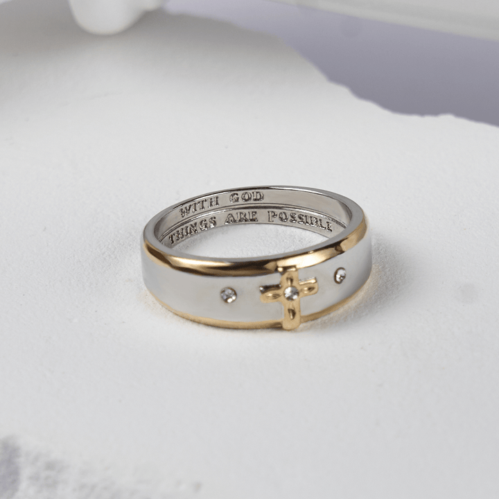 Modern Style Two-tone Gold Cross Alloy Ring(Made in Holy Land)