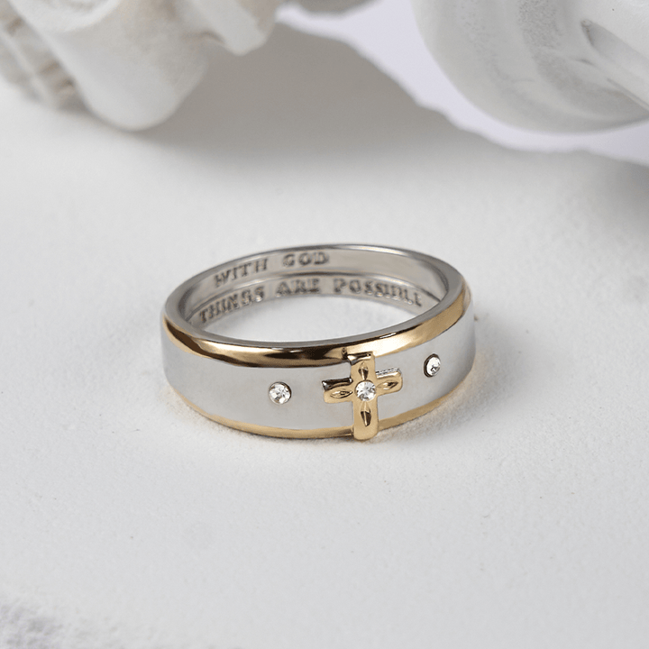 Modern Style Two-tone Gold Cross Alloy Ring(Made in Holy Land)