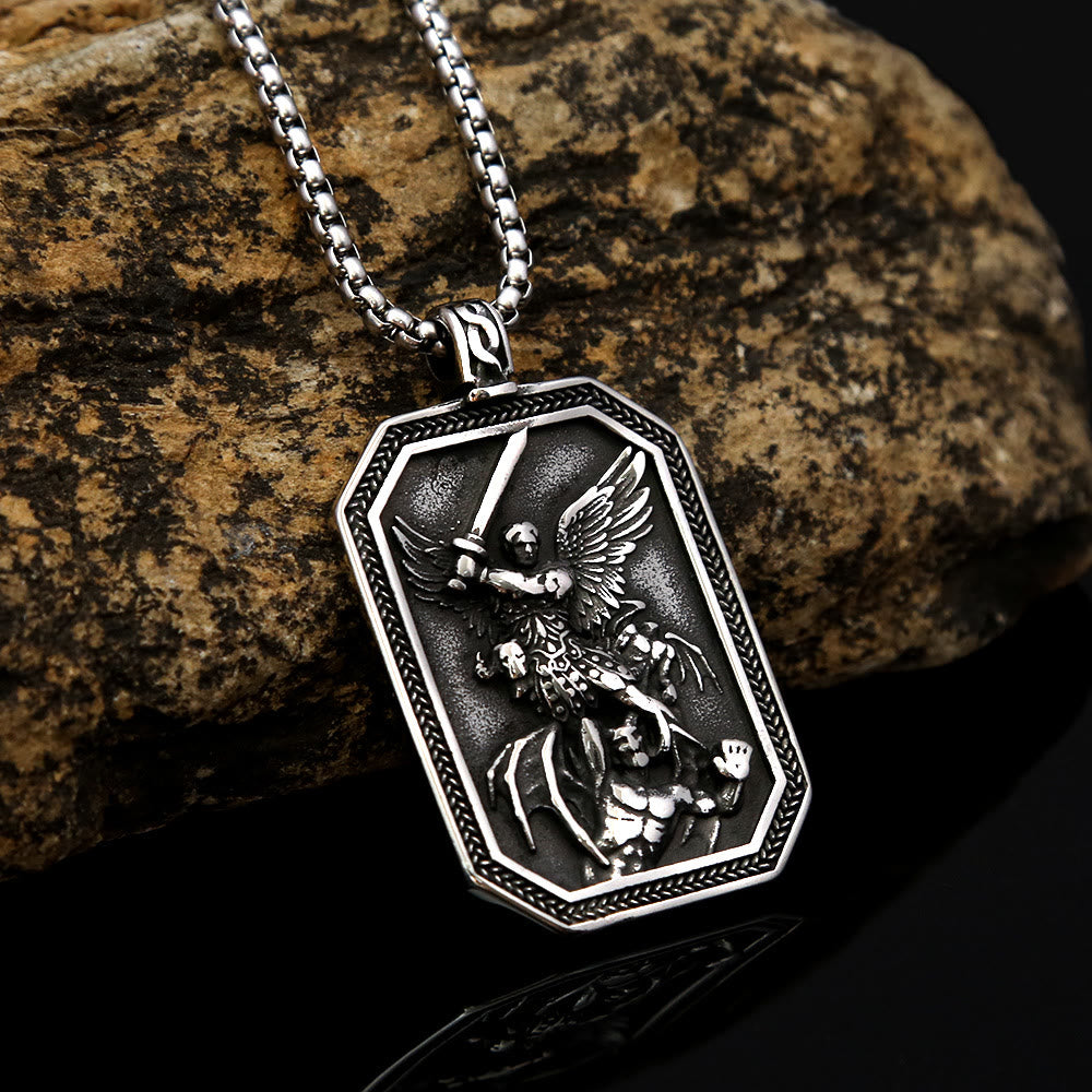 Retro Style Archangel St. Micheal Protect Us Crafted Stainless Steel Pendant Necklace