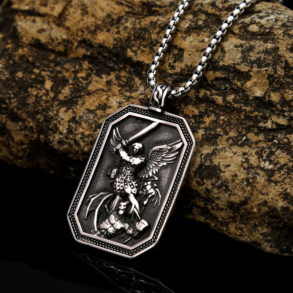 Retro Style Archangel St. Micheal Protect Us Crafted Stainless Steel Pendant Necklace