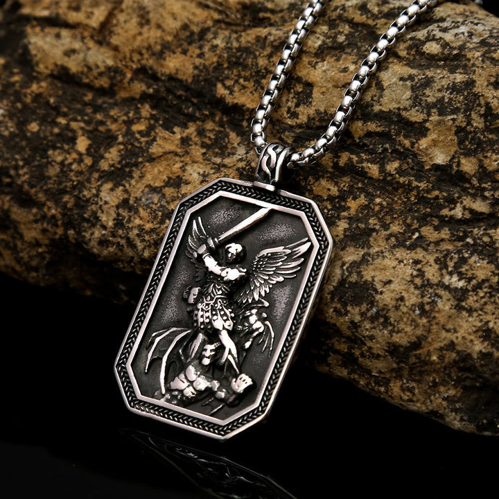 Retro Style Archangel St. Micheal Protect Us Crafted Stainless Steel Pendant Necklace