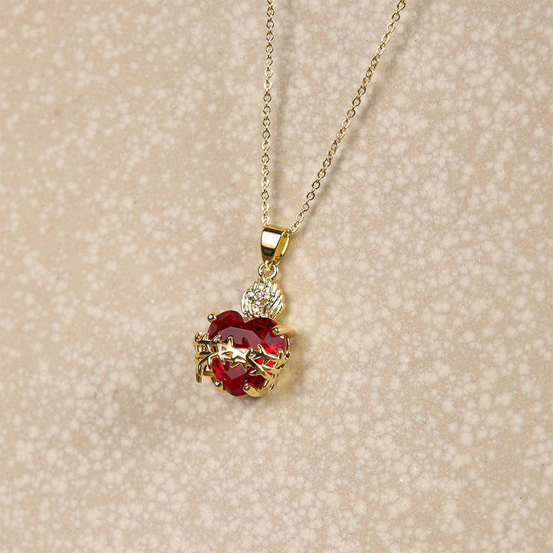 Modern Style Crafted Red Gemstones Sacred Heart of Jesus Pendant Necklace