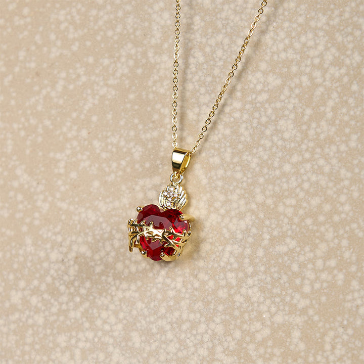 Modern Style Crafted Red Gemstones Sacred Heart of Jesus Pendant Necklace