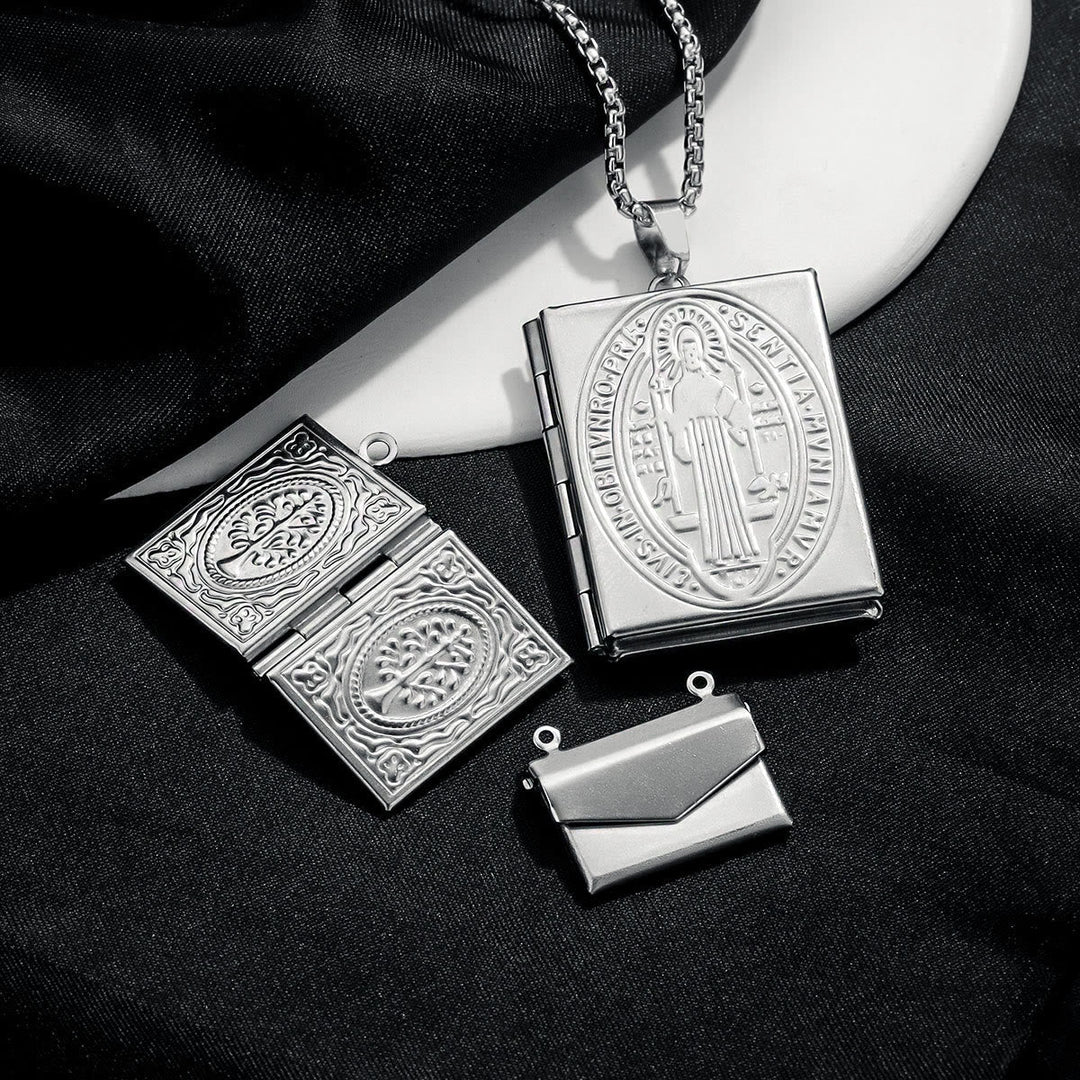 Modern Style St. Benedict & Marry Photo Box Pendant Necklace