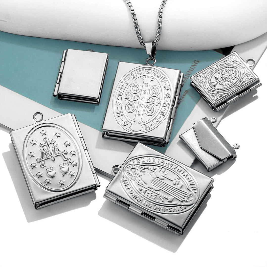 Modern Style St. Benedict & Marry Photo Box Pendant Necklace