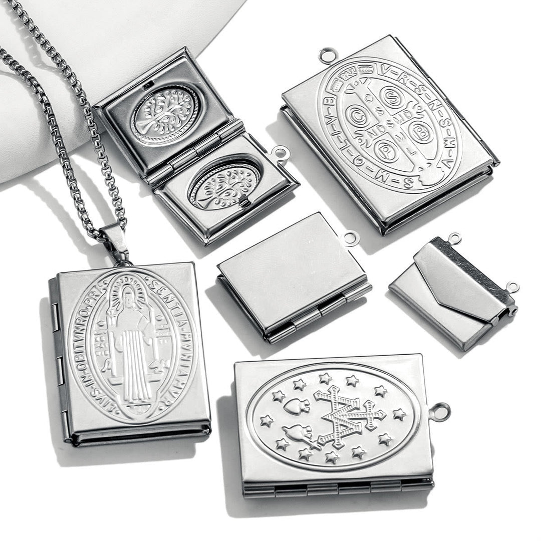 Modern Style St. Benedict & Marry Photo Box Pendant Necklace