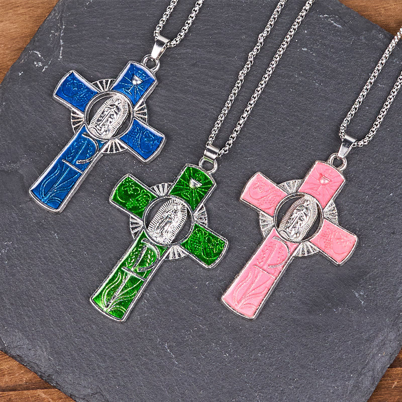6 Color Virgin Mary  Our Lady of Guadalupe Faith Cross Pendant Necklace