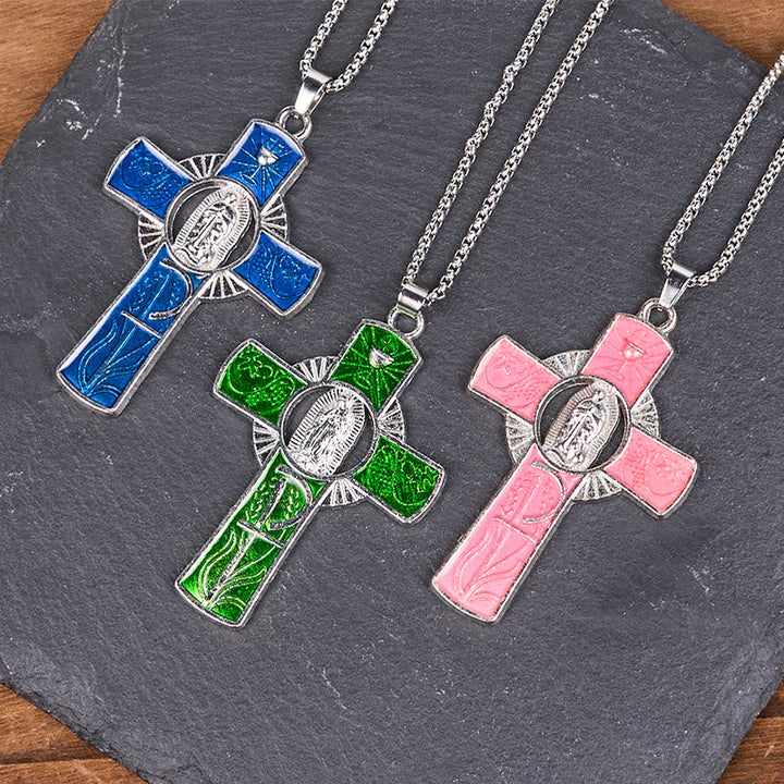 6 Color Virgin Mary  Our Lady of Guadalupe Faith Cross Pendant Necklace