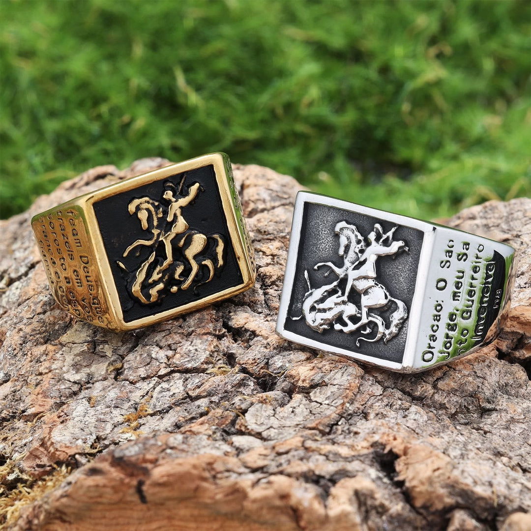 Retro Classic Style St. George Warrior Slave the Dragon Divine Protection Ring