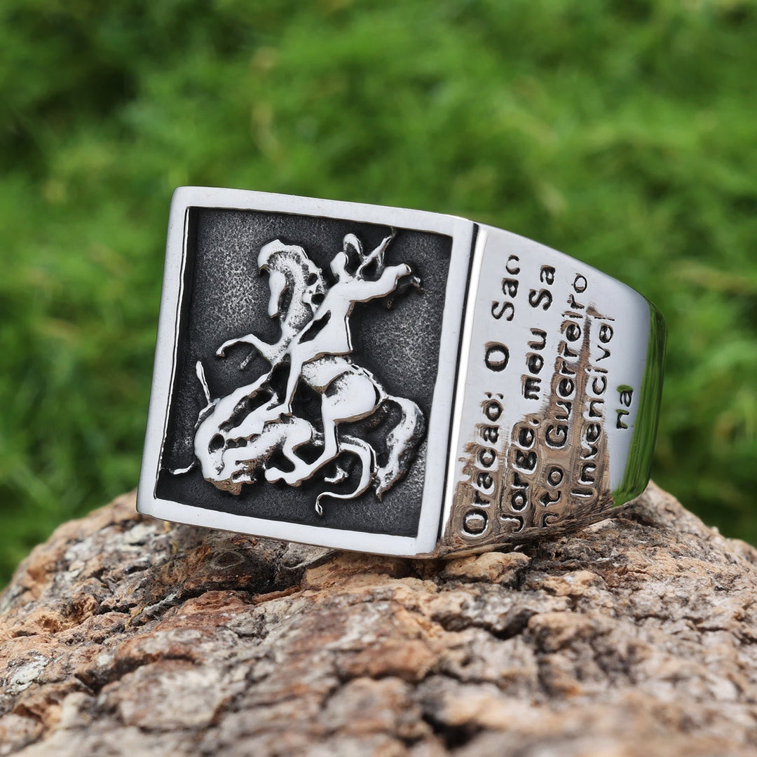 Retro Classic Style St. George Warrior Slave the Dragon Divine Protection Ring