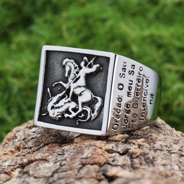 Retro Classic Style St. George Warrior Slave the Dragon Divine Protection Ring