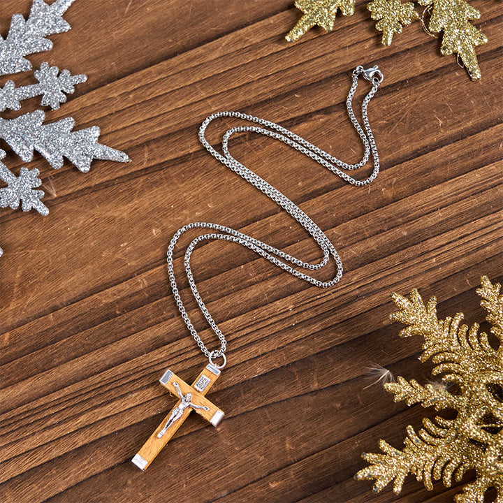 Retro Style Jesus Icon Crucifix Wood & Alloy Pendant Necklace