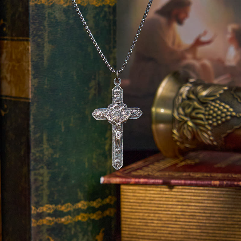 Retro Style Old Craft Jesus Crucifix Angels-Surrounded Pendant Necklace