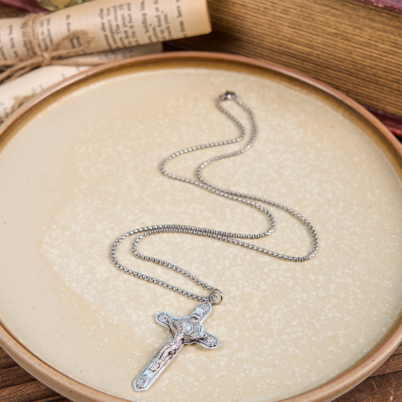 Retro Style Old Craft Jesus Crucifix Angels-Surrounded Pendant Necklace