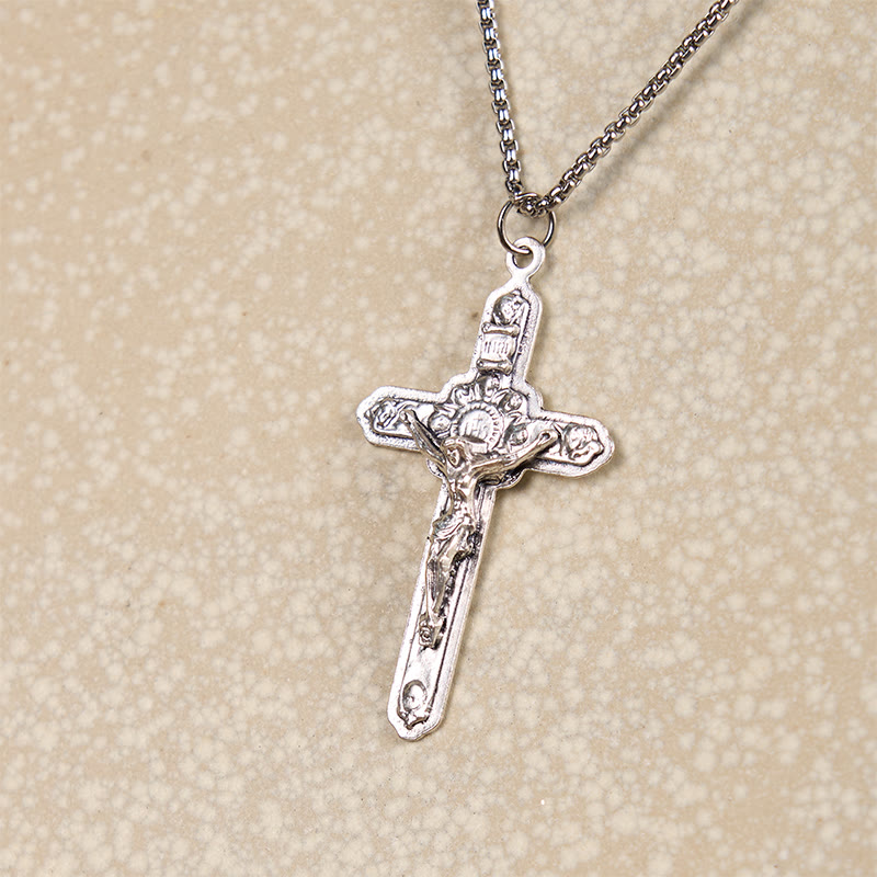 Retro Style Old Craft Jesus Crucifix Angels-Surrounded Pendant Necklace